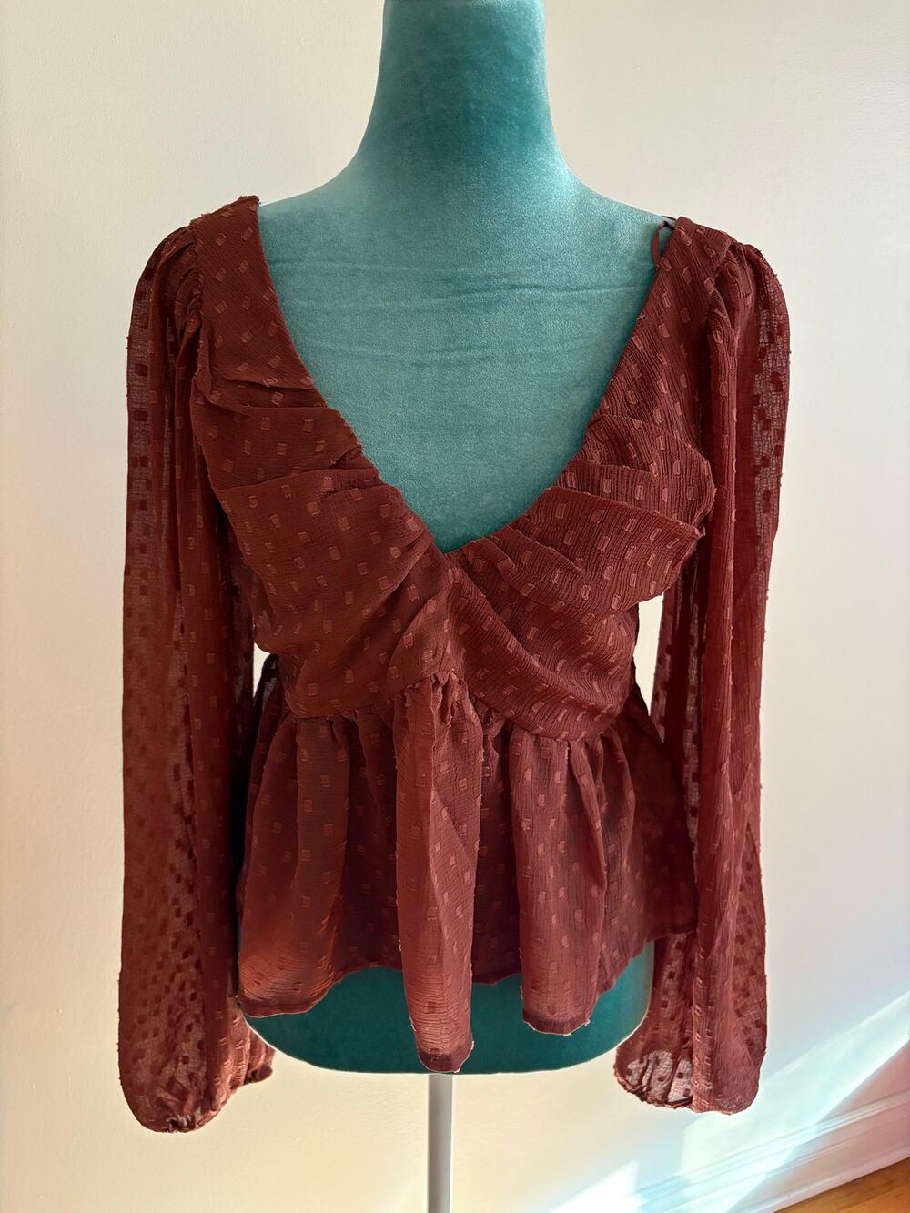 Anthropologie Burgundy Clipped Dot Puff Sleeve Peplum Top Smocked Sheer Blouse S